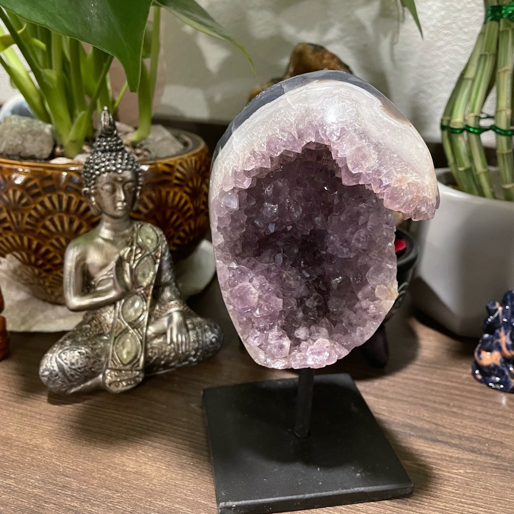 Amethyst Deep Purple Crescent Crystal on a stand